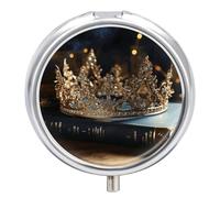 Crown Vintage Book Pill Box, Travel Medicine Pill Case with Mirror, 3 Compartment Portable Round Pill Organizer, Weekly Medicine Pill Container Holder for Pocket Or Purse Daily Meds