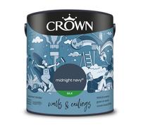 Crown WALLS & CEILINGS Navy Blue Silk Emulsion Paint 2.5L | Washable Midnight Navy light reflecting sheen. Wipeable on walls & ceilings. Ideal for halls, kitchens & bathrooms. Low VOC