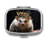 Crown with Hedgehog Pill Box 2 Compartment Portable Pill Case Daily Square Pill Organizer for Pocket Purse Daily Medicine Container to Hold Vitamins Fish Oil Travel Gifts