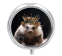 Crown with Hedgehog Pill Box Cute Round Small Pill Organizer Portable with 3 Compartments Travel Metal Pill Case for Pocket Or Purse Privacy Protecting Medicine Box