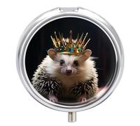 Crown with Hedgehog Pill Case 3 Compartment Portable Pill Box Daily Round Pill Organizer for Pocket Purse Daily Medicine Container to Hold Vitamins Fish Oil Travel Gifts
