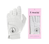 CROWNBLANKS PINKTEE Women's Golf Glove Left Hand Ladies Pink Cabretta Leather Golf Gloves with Removable Magnetic Ball Marker Full Finger Elastic (White Mark, 21)