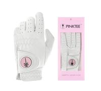 CROWNBLANKS PINKTEE Women's Golf Glove Left Hand Ladies Premium AAA Cabretta Leather Golf Gloves with Removable Magnetic Ball Marker Full Finger Color White Pink (Pink Mark, 20)