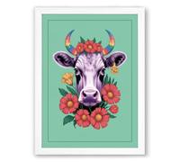 Crowned Cow Boho Framed Wall Art Print A2 (59.4×42cm) White, Wall Decor for Living Room, Bedroom, Office & Home, Ready to Hang, Art Gift