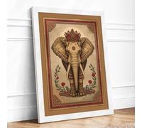 Crowned Elephant Vintage Framed Wall Art Print A2 (59.4×42cm) White, Wall Decor for Living Room, Bedroom, Office & Home, Ready to Hang, Art Gift