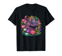 Crowned Hippo Queen Surrounded By Lotus Flowers T-Shirt