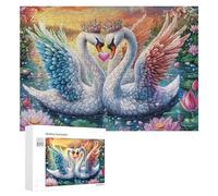 Crowned Swans with Gem Heart in Lotus Pond 300 Piece Jigsaw Puzzle for Adults Indoor Brain Workout Logical Mastery Gift for Challenge Lovers 300 PCS