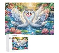 Crowned Swans with Gem Heart in Waterfall Pond 1000 Piece Jigsaw Puzzle for Seniors Indoor Leisure Cognitive Development Gift for Retirement 1000 PCS