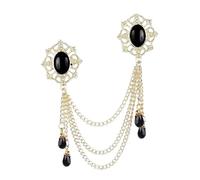 Crownlee Framed Neon Black Pearl and Hanging Crystal with Golden Chain Brass Pin Brooch
