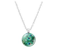 CrownOfRibbons Peacock Necklace for Women, Green | Round Glass Design