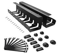 CROWNSHOP 2-Pack Under Desk Cable Management Tray No Drill with Self-Adhesive Cable Clips & Ties,Metal Cable Raceway Wire Management Tray Cord Organizer for Home Office Black