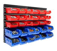 CROWNSHOP 32Pcs Wall Mount Storage Organiser Bin Panel Rack DIY Tool Bits Boxes Garage Boxes Plastic Rack Parts Organiser Utility Kit With Stackable Boxes for Garage Workshop (Red+Blue)