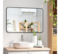 CROWNSHOP 90 X 60cm Bathroom Mirror with Black Aluminum Frame, HD Glass Wall-Mounted Rectangle Mirror with Curved Corners for Bathroom, Living Room Vertical or Horizontal Hanging Wall Decor
