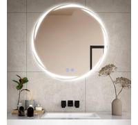 CROWNSHOP Bathroom Mirror with LED Lights, 60cm Round Whirlwind Illuminated Wall Vanity Mirror With Touch Switch, 3 Colors Dimmable Light, Anti-Fog, Smart Frameless Mirror, IP54