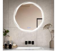 CROWNSHOP Bathroom Mirror with LED Lights, 60cm Round Whirlwind Illuminated Wall Vanity Mirror With Touch Switch, 3 Colors Dimmable Light, Anti-Fog, Smart Frameless Mirror, IP54