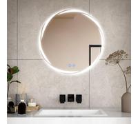 CROWNSHOP Bathroom Mirror with LED Lights, 60cm Round Whirlwind Illuminated Wall Vanity Mirror With Touch Switch, 3 Colors Dimmable Light, Anti-Fog, Smart Frameless Mirror, IP54