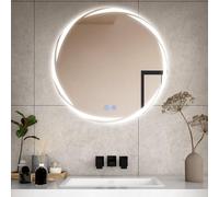 CROWNSHOP Bathroom Mirror with LED Lights, 60cm Round Whirlwind Illuminated Wall Vanity Mirror With Touch Switch, 3 Colors Dimmable Light, Anti-Fog, Smart Frameless Mirror, IP54