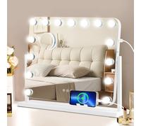 CROWNSHOP Hollywood Vanity Mirror with LED Lights, 58x53 cm, 15 Dimmable Bulbs, 3 Colour Settings, 360° Rotation, 10x Magnification, USB Ports