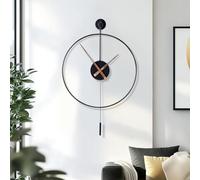 CROWNSHOP Large Wall Clock Classical Decorative 60cm with Pendulum Modern Non-Ticking Silent Metal Wall Clocks Decorative Creative Art Clocks for Home Living Room Bedroom Study Office (Black L)