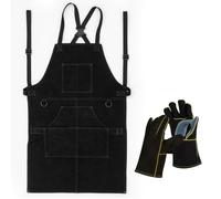 CROWNSHOP Work Apron Leather Welding Apron Adjustable Heavy Duty Fireproof Aprons with Welding Gloves