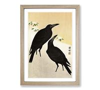 Crows in The Snow by Ohara Koson Framed Print | A2 Oak Framed Wall Art | Ready to Hang | Modern Animal Picture | Living Room Bedroom Lounge Office