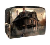 Crows on Abandoned House Cosmetic Bag for Women, Travel Toiletries Bags Large PVC Makeup Handy Pouch Organiser with Zipper