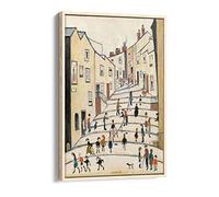 Crowther Street People Ls Lowry Style Canvas Floater Frame Print Picture Art - Light Oak Frame 12 inch wide x 18 inch high