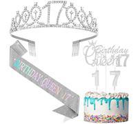Crowye 17th Birthday Queen Party Decorations 17th Tiara Crown Sash Birthday Queen 17 Cake Topper Candles Decorations Party Supplies Gifts(Silver)