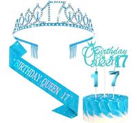 Crowye 17th Birthday Queen Party Decorations 17th Tiara Crown Sash Birthday Queen 17 Cake Topper Candles Decorations Party Supplies Gifts(Blue)