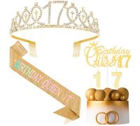 Crowye 17th Birthday Queen Party Decorations 17th Tiara Crown Sash Birthday Queen 17 Cake Topper Candles Decorations Party Supplies Gifts(Gold)