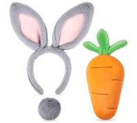 Crowye 3 Pcs Easter Bunny Costume Set Plush Bunny Ear Headband Rabbit Tail Carrot Toy for Women Adults Cosplay Easter Party, Grey, 3.15 inches/ 8 cm