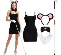 Crowye 5 Pcs Halloween Mouse Costume Set for Women Mice Ear Headband Guide Cane Black Full Slips Dress Bow Tie White Gloves (Medium)