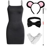 Crowye 5 Pcs Halloween Mouse Costume Set for Women Mice Ear Headband Guide Cane Black Full Slips Dress Bow Tie White Gloves (X-Large)