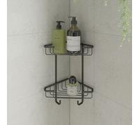 Croydex Slimline Corner Shower Caddy - Matt Black Bathroom Accessories Durable Steel Bathroom Shelves for Modern Bathrooms, 2-Tier Shower Corner Shelves with Hooks, 5kg Load Capacity