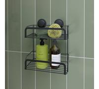 Croydex Stick 'N' Lock Two Tier Black Shower Caddy - Shower Shelf No Drilling Bathroom Storage Solution with Sticky Pad Easy-Clean 5 Year Rust-Free Guarantee, Mild Steel