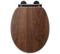 Croydex Soft Close Wooden Toilet Seat - Quick Release Button for Easy Cleaning and Adjustable Hinges with Top and Bottom Fixings Includes, Antibacterial Treated Surface (Walnut with Black Hinges)