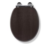 Croydex Montoro Flexi-Fix Soft Close Wooden Toilet Seat - Quick Release Button for Easy Cleaning and Adjustable Hinges with Top and Bottom Fixings, Antibacterial Heavy Duty Toilet Seat (Walnut Effect)
