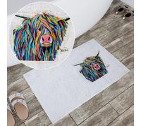 Croydex Steven Brown Bath Mat 'Angus McCoo' Highland Cow Soft Cotton 80 x 50cm