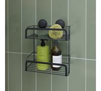 Croydex Stick 'N' Lock Two Tier Black Shower Caddy - Shower Shelf No Drilling Bathroom Storage Solution with Sticky Pad Easy-Clean 5 Year Rust-Free Guarantee, Mild Steel