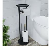 Croydex Toilet Butler, Matt Black & Wood Toilet Brush and Roll Holder | Holds 4 Toilet Rolls | Integrated Space to Store Toilet Brush | Shelf on Top | All-In-One Set | Frosted Glass Barrier