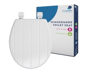 Croydex Tongue & Groove Wood Toilet Seat Stick 'n' Lock Hinges (Windermere) | Secure Grip Pad Adjustable Hinges | Fits All Standard Toilets | Bottom Fix | Durable Sustainable Wood | Antibacterial Surface