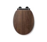 Croydex Soft Close Wooden Toilet Seat - Quick Release Button for Easy Cleaning and Adjustable Hinges with Top and Bottom Fixings Includes, Antibacterial Treated Surface (Walnut with Black Hinges)
