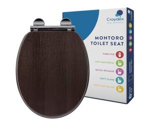 Croydex Walnut Wooden Toilet Seat Soft Close, Flexi-Fix™ Hinges (Montoro) | Quick Release Button for Easy Cleaning | Adjustable Hinges | Top and Bottom Fixings Included | Antibacterial Walnut Effect