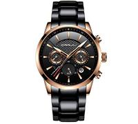 CRRJU Brand Men's Business Casual Chronograph Quartz Waterproof Wristwatch Black Stainless Steel Strap, gold black, 42 mm, stylish watches for men