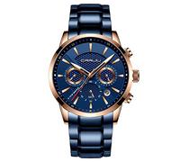 CRRJU Brand Men's Business Casual Chronograph Quartz Waterproof Wristwatch Black Stainless Steel Strap, blue rose blue