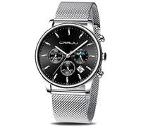 CRRJU Men Wrist Watches Chronograph Watch for Men Sports Wristwatch Waterproof Black Stainless Steel Quartz with Mesh Strap (Silver Black)