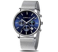 CRRJU Men Wrist Watches Chronograph Watch for Men Sports Wristwatch Waterproof Black Stainless Steel Quartz with Mesh Strap (Blue Blue)