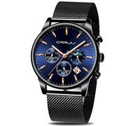 CRRJU Men Wrist Watches Chronograph Watch for Men Sports Wristwatch Waterproof Black Stainless Steel Quartz with Mesh Strap (Black Blue)