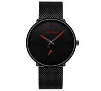 CRRJU Men's Black Ultra Thin Watches Minimalist Fashion Gent Business Wrist Watches with Stainless Steel Mesh Band (Red)