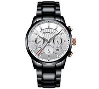 CRRJU Men's Business Casual Chronograph Quartz Waterproof Wristwatch Black Leather Strap, black white